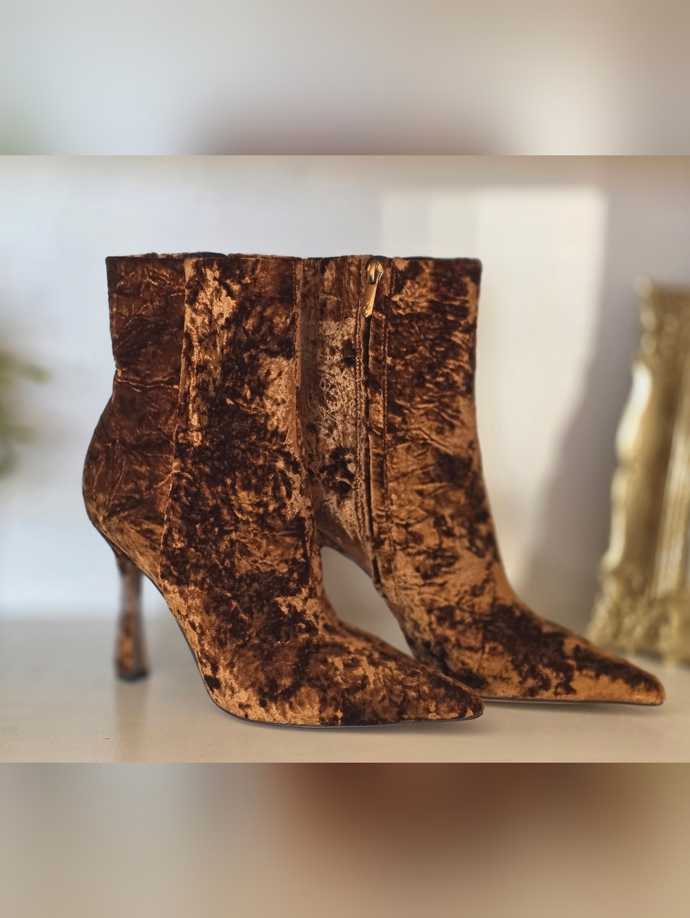 Sam Edelman Ella II Pointed Toe Booties in Copper Bronze Velvet - 7.5